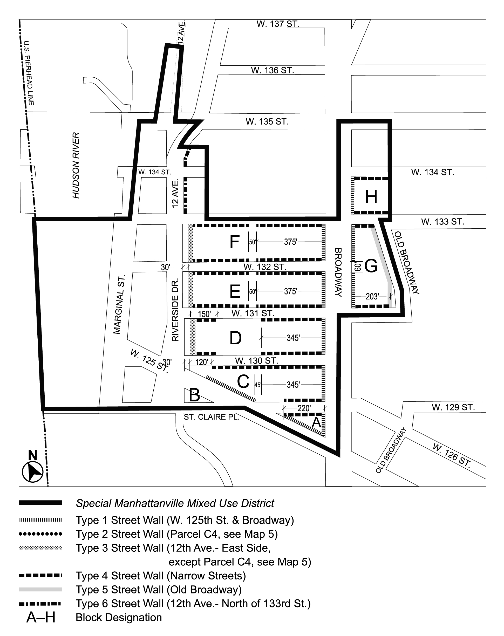 ARTICLE X, Chapter 4, Appendix A: Special Manhattanville Mixed Use District Plan, Map 4 ("Street Wall Types and Locations") amended per 135th Street Rezoning (N 230207 ZRM), adopted 23rd October, 2024