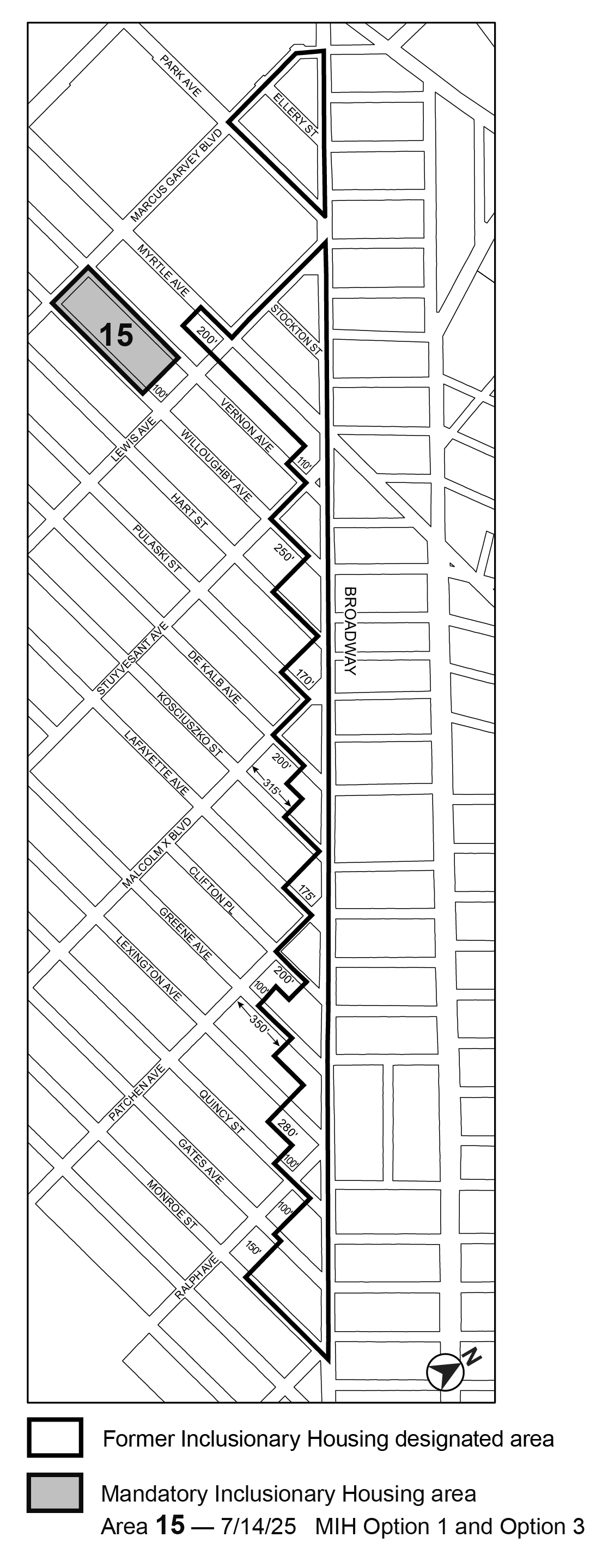 APPENDIX F, BK CD 3, Map 5, MIH area 15 (Option 1, Option 3), per 109 Marcus Garvey Boulevard (N 240398 ZRK), adopted 14th July, 2025