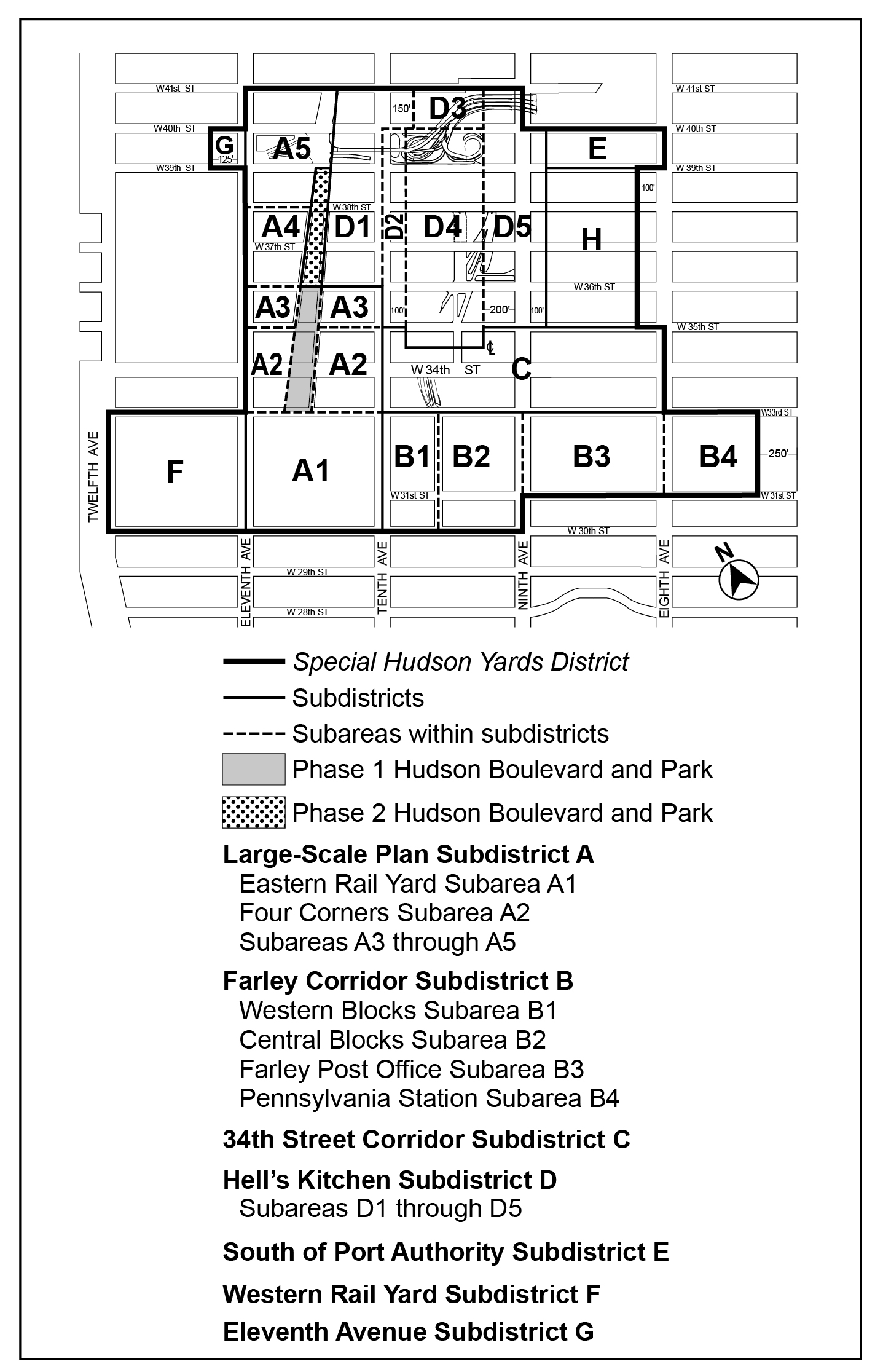 Article IX, Chapter 3, Appendix A, Map 1: Special Hudson Yards District, Subdistricts and Subareas