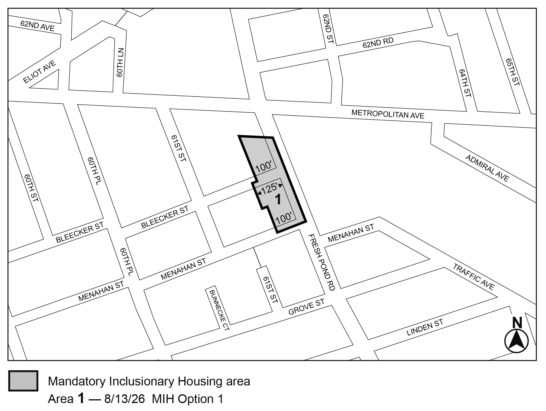 APPENDIX F, adding Map 1, MIH area 1 (Option 1) in Queens CD 5 per <a class='sec-link-inline' target='_blank' href='/article-vi/chapter-3#63-02'><span>63-02</span></a> Fresh Pond Road (N 260156 ZRQ) adopted 13th August 2026