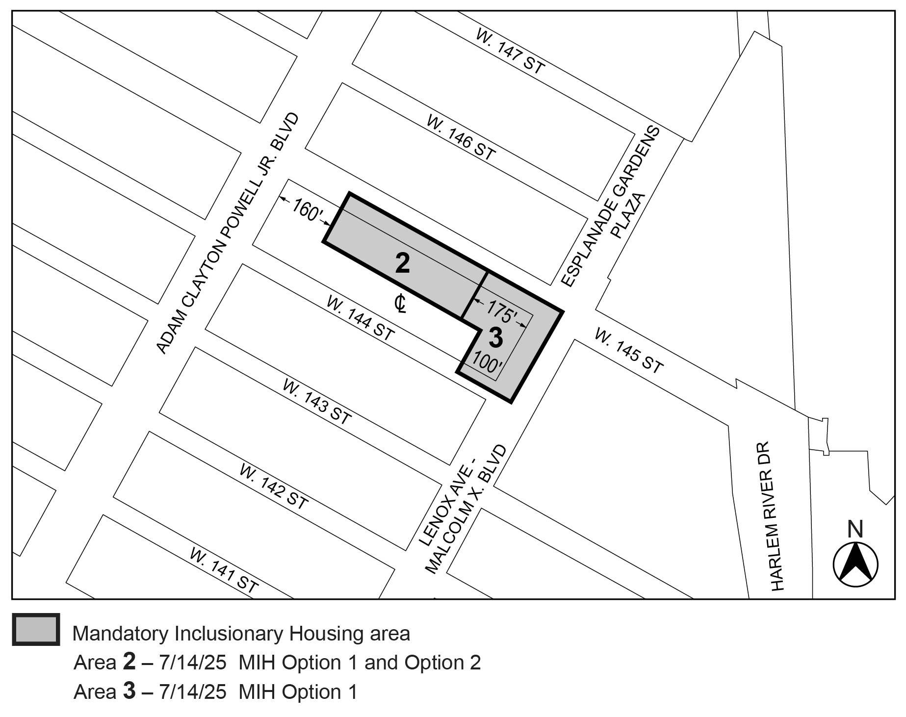 APPENDIX F, Manhattan, CD10, Map 2, MIH area 2 (Option 1, Option 2) and MIH area 3 (Option 1) per One45 for Harlem (N 250116 ZRM), adopted 14th July, 2025