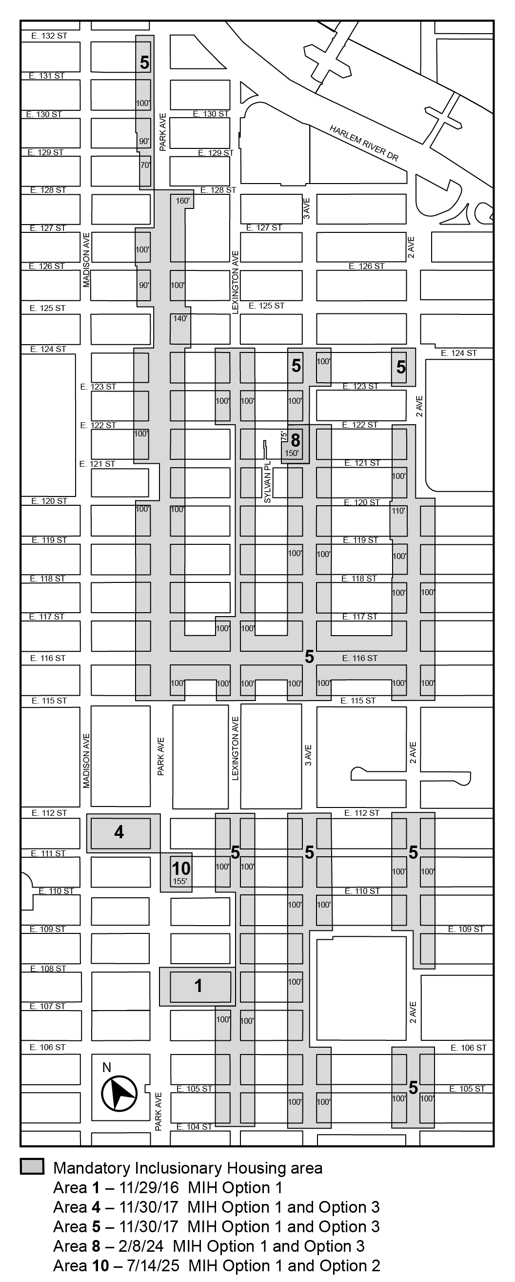 APPENDIX F, Manhattan, CD11, Map 5, MIH area 10 (Option 1), per Carmen Villegas Apartments – Senior Housing (N 250147 ZRM), adopted 14th July, 2025