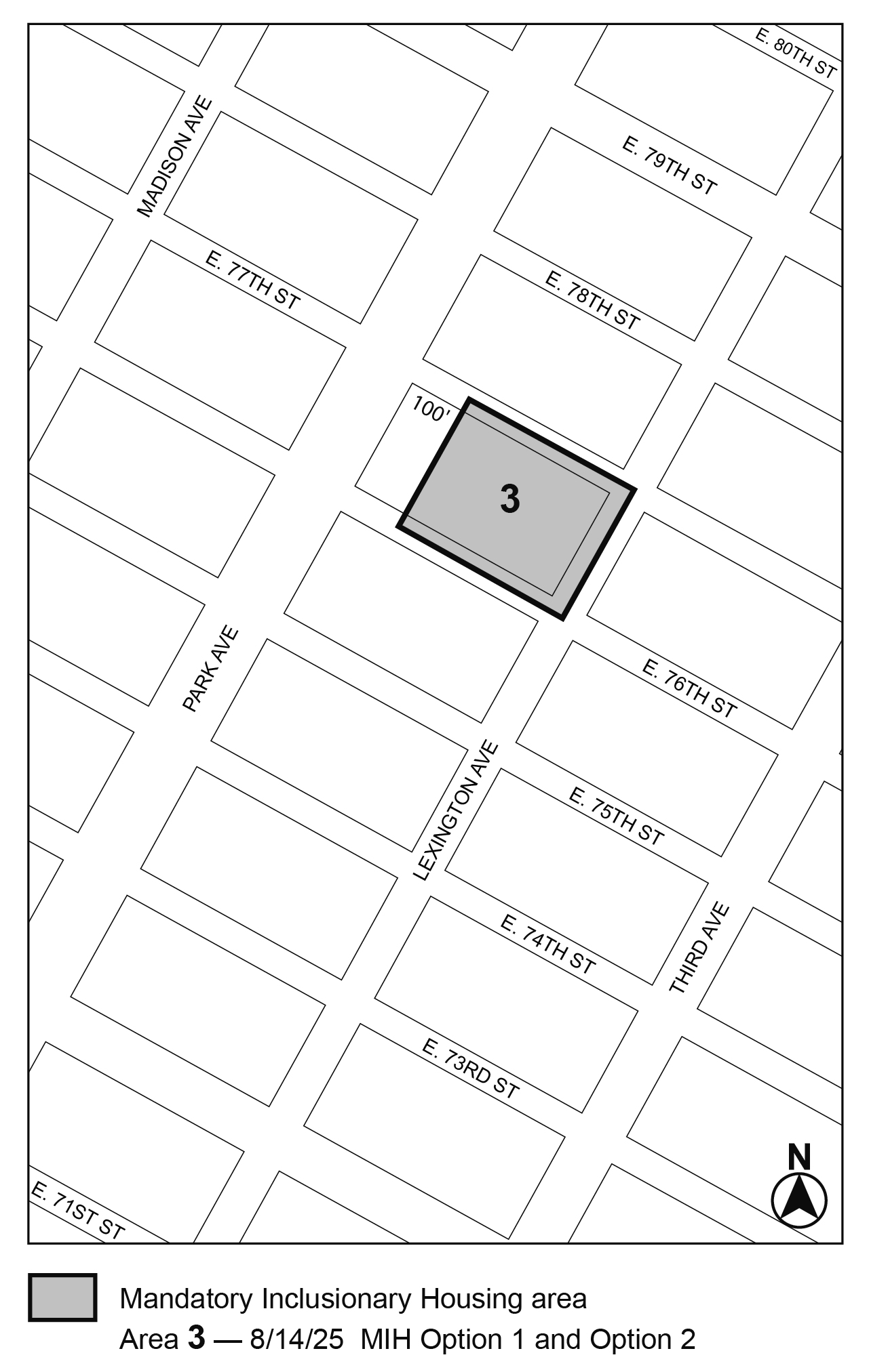 APPENDIX F, Manhattan CD 8, Map 3, MIH area 3 per Lenox Hill Hospital (N 250152 ZRM), adopted 14th August, 2025