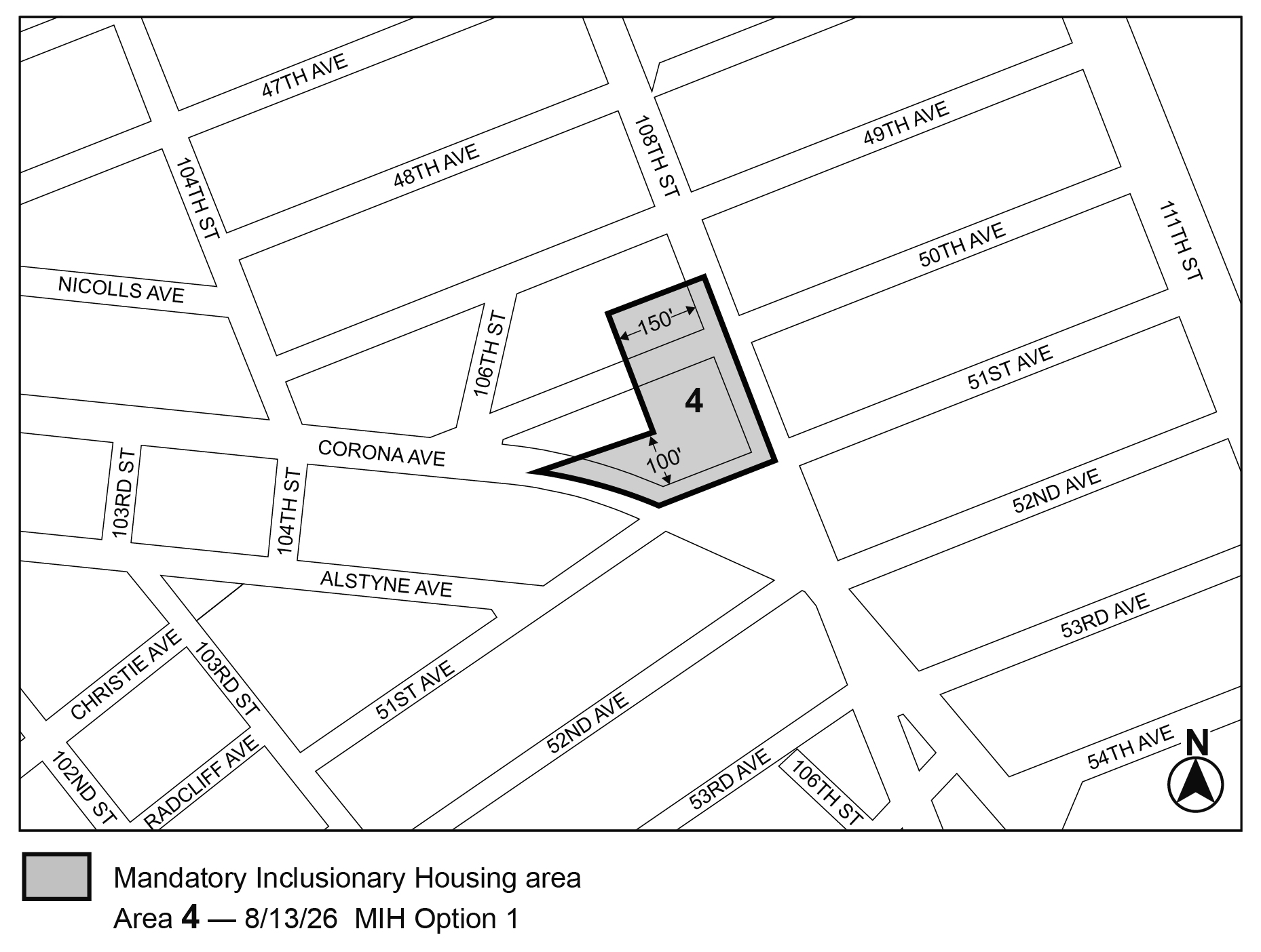 APPENDIX F, adding Map 3, MIH area 4 (Option 1) in Queens CD 4 per <a class='sec-link-inline' target='_blank' href='/article-v/chapter-0#50-20'><span>50-20</span></a> 108 Street (N 250254 ZRQ) adopted 13th August 2026