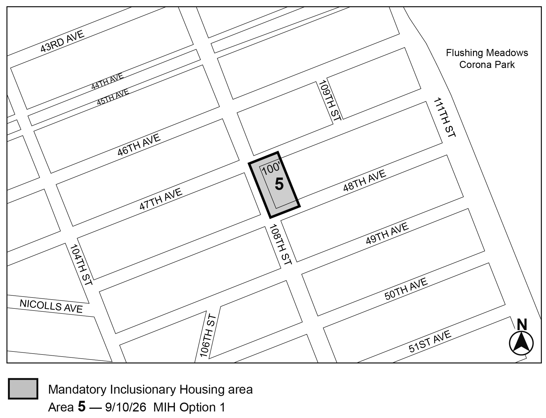 APPENDIX F, Queens CD 4, Map 3, MIH area 5, per <a class='sec-link-inline' target='_blank' href='/article-iv/chapter-7#47-03'><span>47-03</span></a> 108th Street (N 260148 ZRQ), adopted 10th Sept. 2026
