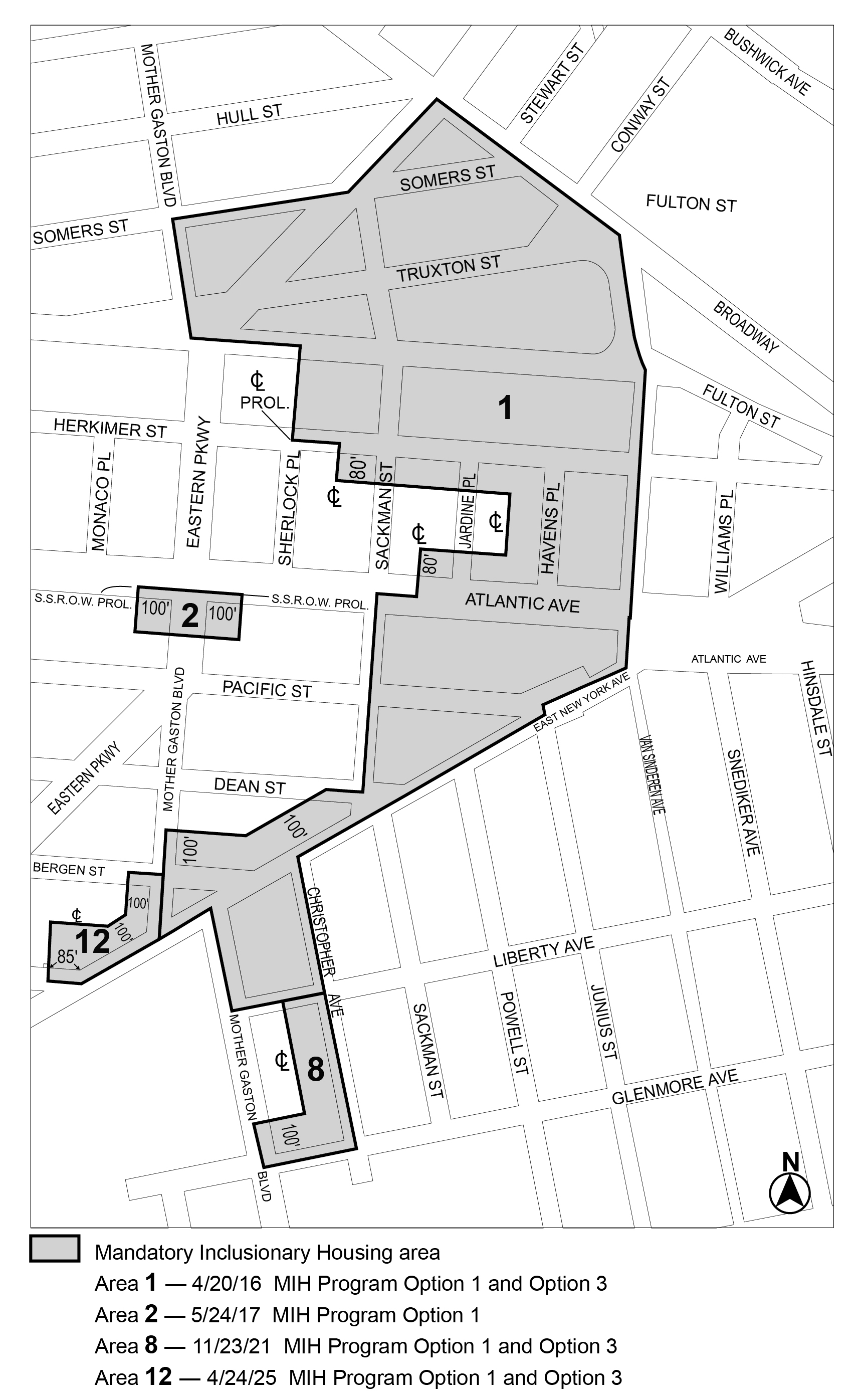 APPENDIX F, BK CD 16, Map 1, MIH area 12 (Option 1 and Option 3) per Brownsville NCP (N 250038 ZRK), adopted 24th April, 2025