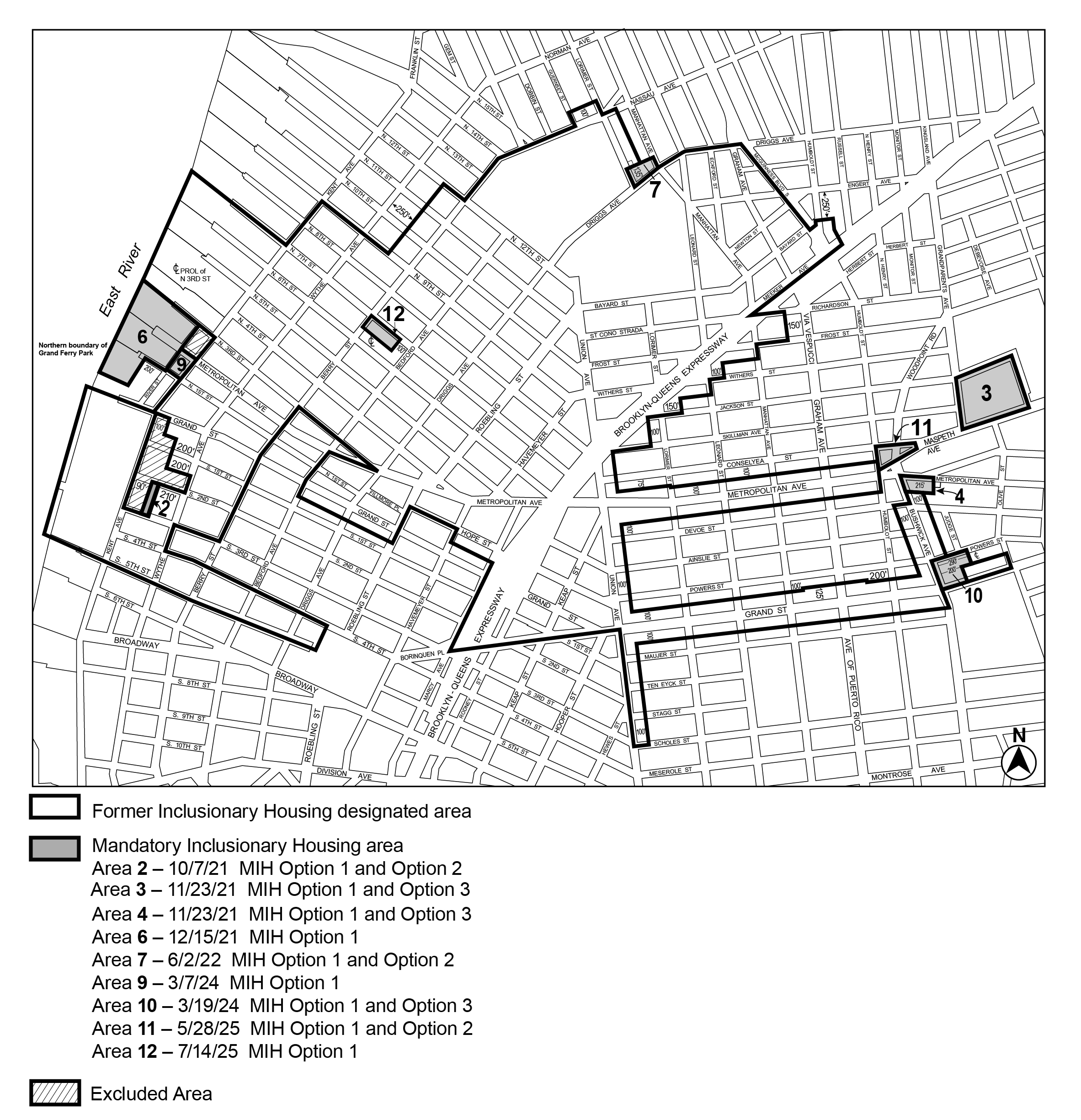 APPENDIX F, BK CD 1, Map 2, MIH area 12 (Option 1) per North 7th Street (N 230065 ZRK), adopted 14th July, 2025