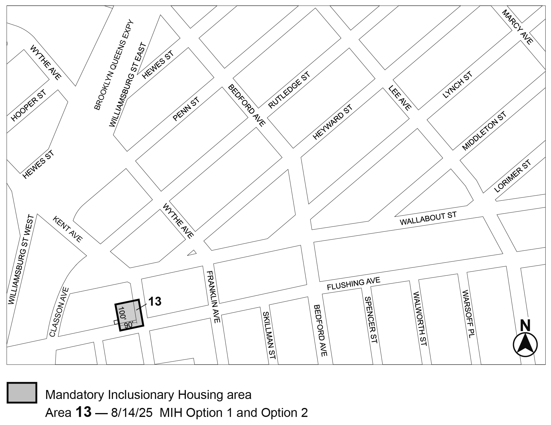 APPENDIX F, Brooklyn CD 1, Map 6, MIH area 13 per 347 Flushing Avenue (N 240276 ZRK), adopted 14th August, 2025