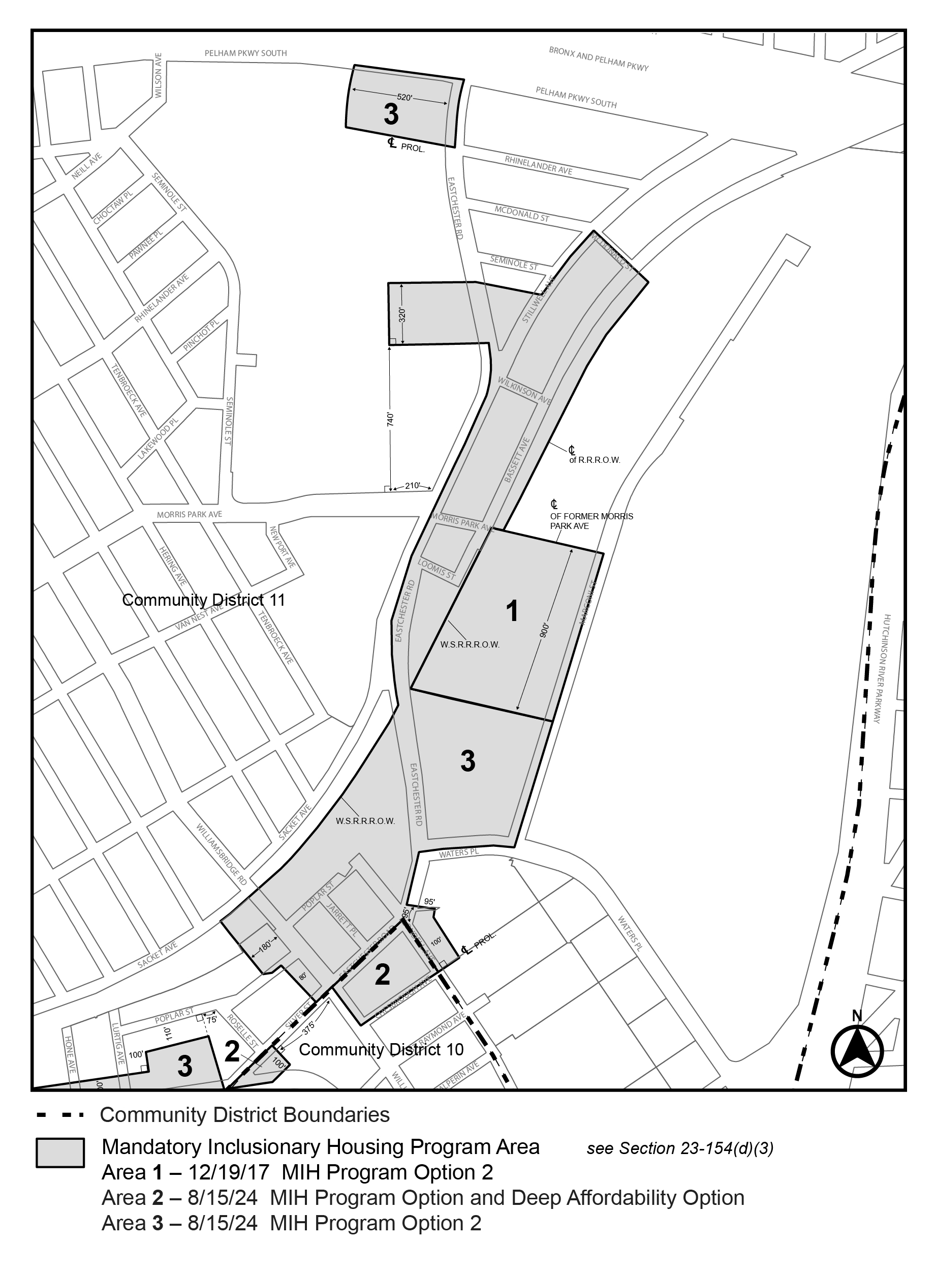 APPENDIX F, The Bronx CDs 10 and 11, Map 1, MIH area 1 (Option 2), area 2 (Option 1 and Deep Aff. Option), area 3 (Option 2) per Special Eastchester-East Tremont Corridor District text amendment (N 240016 ZRX), adopted 15 August, 2024