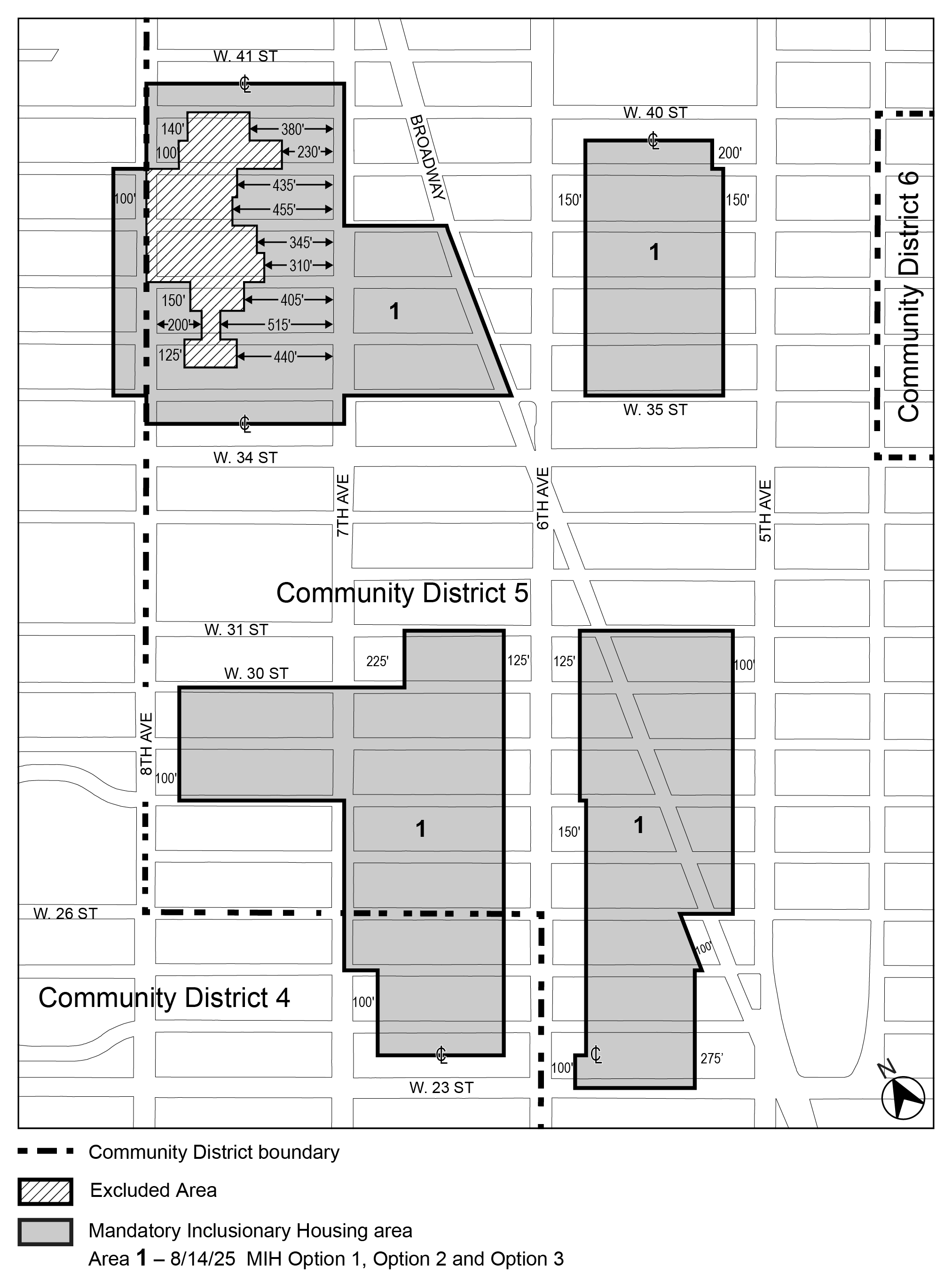 APPENDIX F, Manhattan CDs 4 and 5, Map 1, MIH area 1 per Midtown South Mixed Use Plan (MSMX) (N 250186 ZRM), adopted 14th August, 2025